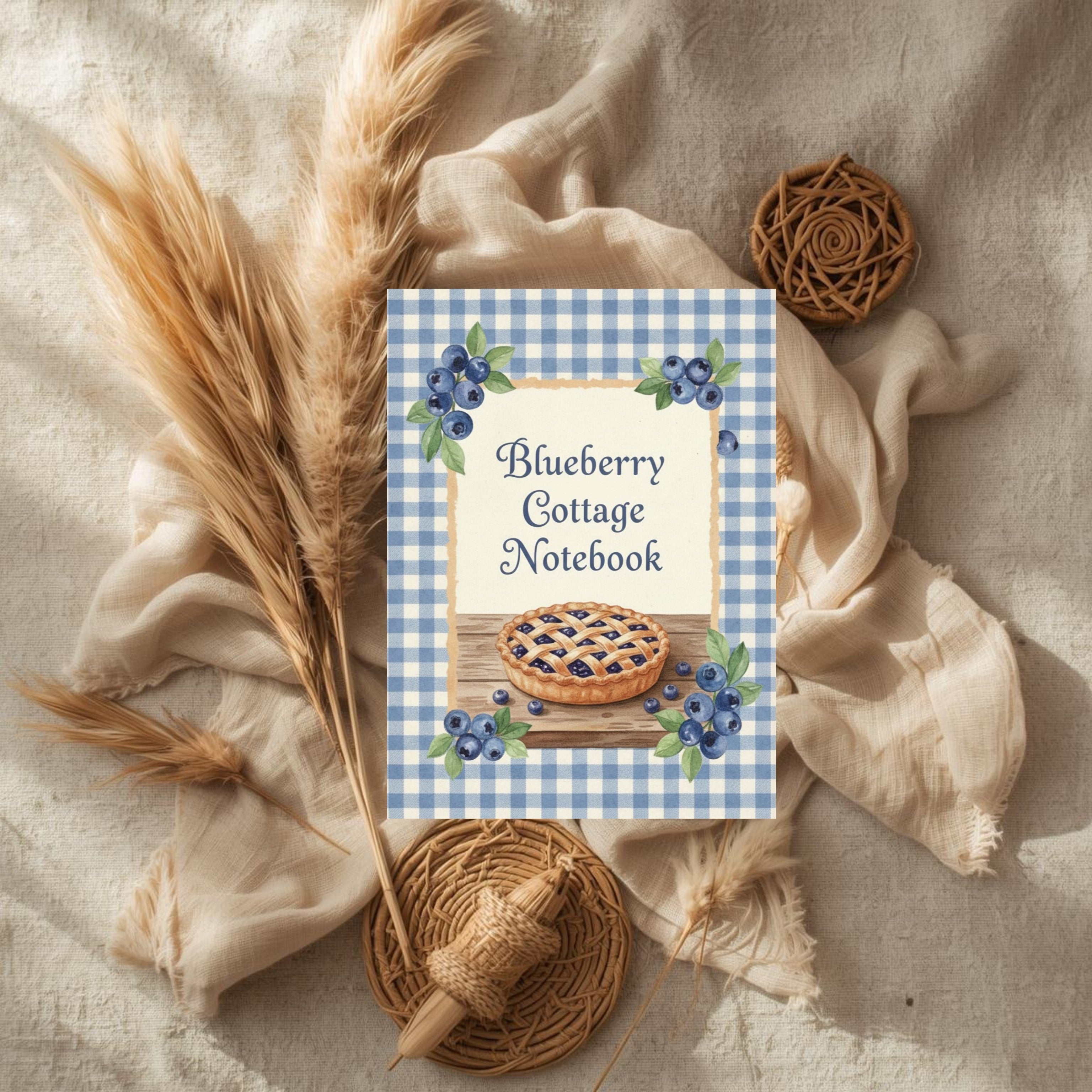 Blueberry Cottage Digital Notebook: Light Blue Gingham Lined Journal & Aesthetic Recipe Planner PDF