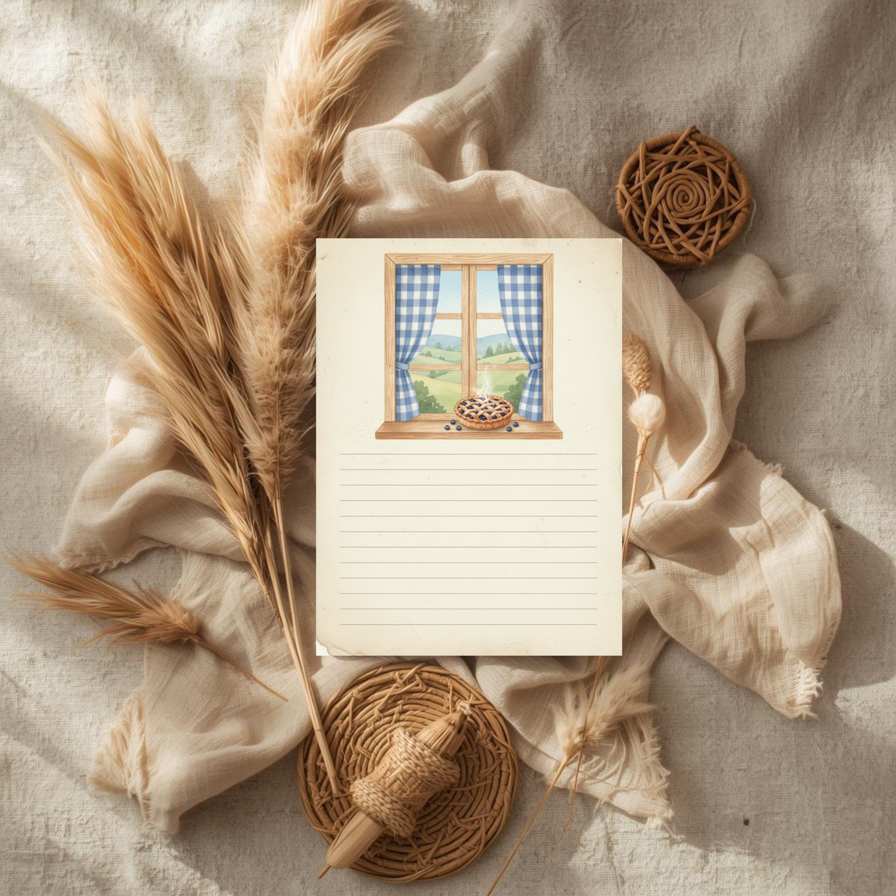 Blueberry Cottage Digital Notebook: Light Blue Gingham Lined Journal & Aesthetic Recipe Planner PDF